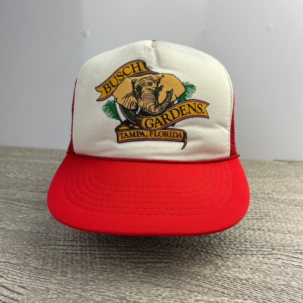 Vintage 90s Busch Gardens Trucker Hat Cap Snap Back Adjustable White Red Adult